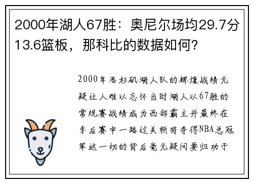 2000年湖人67胜：奥尼尔场均29.7分13.6篮板，那科比的数据如何？