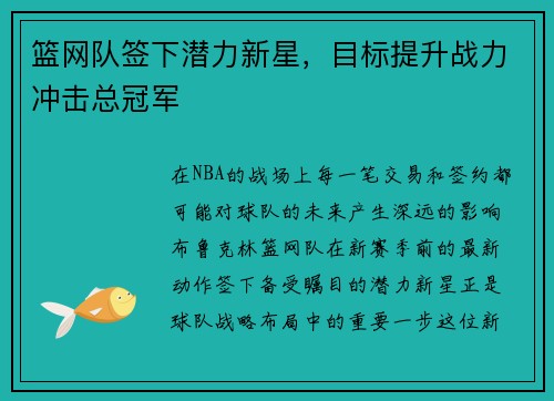 篮网队签下潜力新星，目标提升战力冲击总冠军