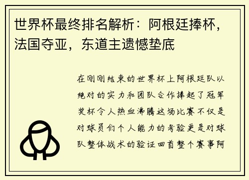 世界杯最终排名解析：阿根廷捧杯，法国夺亚，东道主遗憾垫底