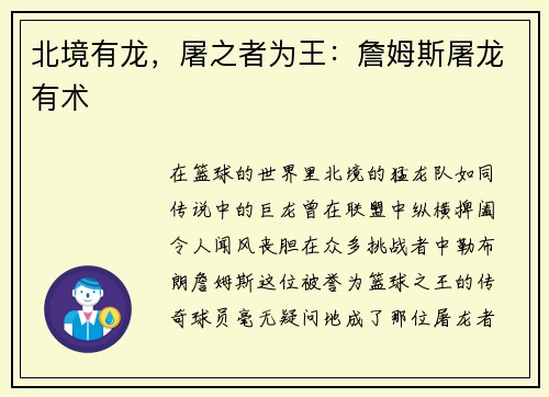 北境有龙，屠之者为王：詹姆斯屠龙有术
